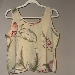 100% Silk tank top 2 inch wide sleeves with hibiscus flower and leaves design